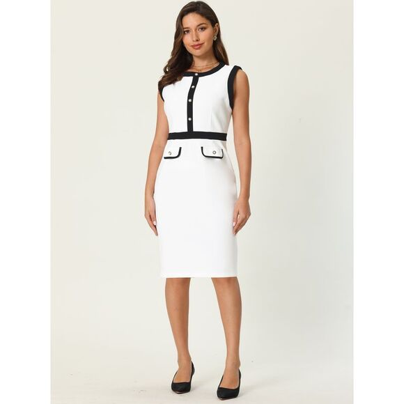 Women's Work Dresses Sleeveless Contrast Color Sheath Dress White - Picture 2 of 6